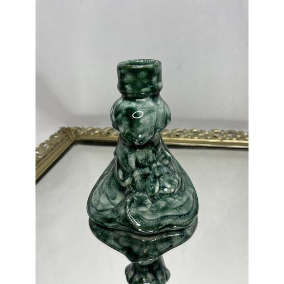 Vintage Pair of Unique Mid century Handmade Green Ceramic Candlestick Holders - Picture 3 of 10
